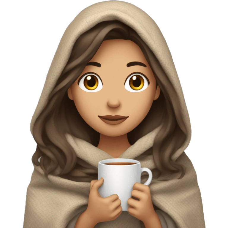 brunnette girl with long hair snuggled up in a blanket and holding a hot tea in her hands  emoji