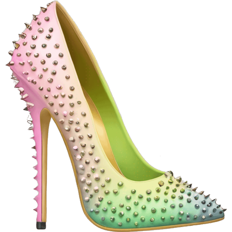 Hyper Realistic top front view of a pair of pastel pink,pastel green,and pastel yellow ombre gold studded pointed toe stiletto shoes.  emoji