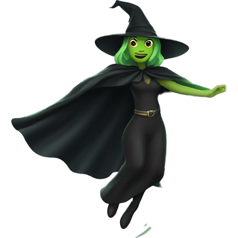 Flying green witch with black cape emoji