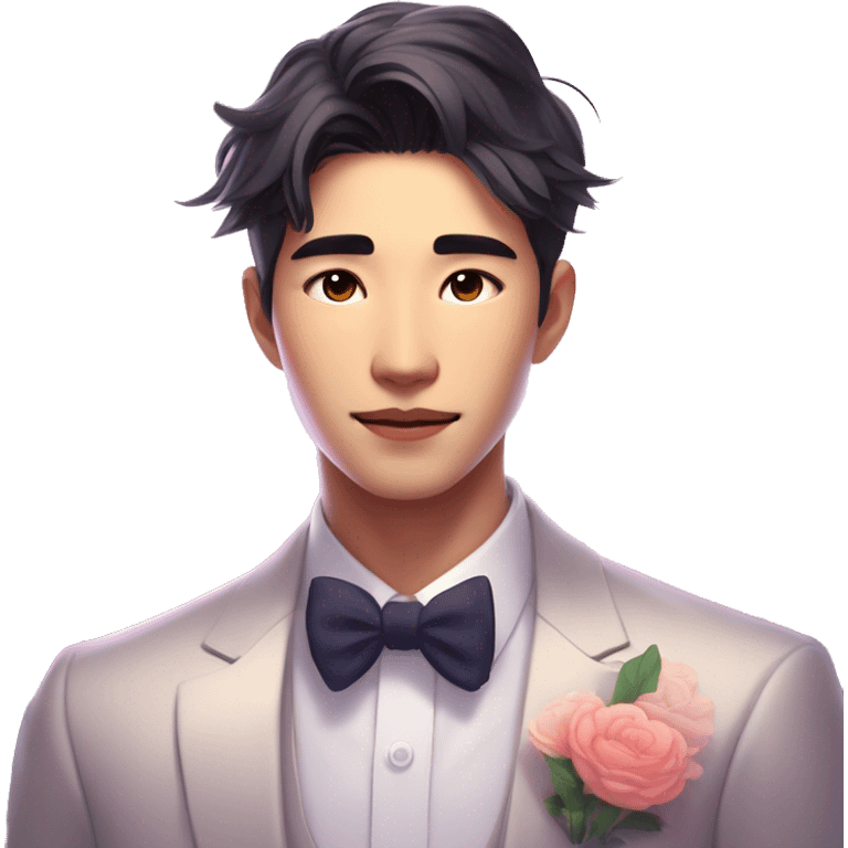 Gorgeous romantic anime style Asian formal modern gentlemanly guy with flowers and blushing face aesthetic trending style outside with colorful gradient bright light colors emoji