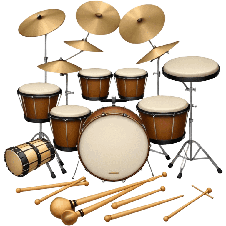 Create a professional, emblem-like emoji representing percussion instruments, including both traditional and folk drums. Feature a snare drum, bass drum, timpani, cymbals, marimba, tambourine, djembe, bongos, cajón, triangle, castanets, and ratchets in a balanced, heraldic composition. Crossed drumsticks at the center symbolize rhythm, while a ribbon of musical notes weaves around the instruments. Use rich gold, mahogany, and silver tones with polished highlights. Add laurel wreaths and subtle engravings for a grand, festive feel. The design should be harmonious, visually complete, and on a transparent background. emoji