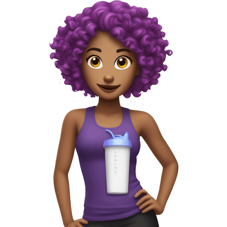 Girl with curly purple hair with a shaker with the brand fuxion on it  emoji