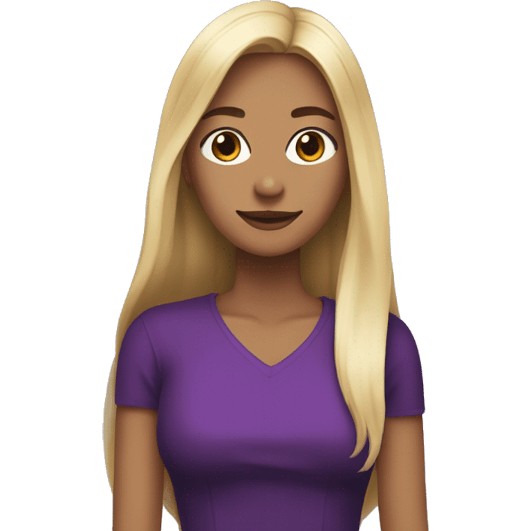 Woman with Long hair dyed in the middl. One side of split dyed hair blonde. Other side of split dyed hair black. Woman has purple dress with a heart on. emoji