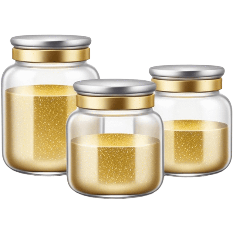 Cinematic Realistic Glitter Jars, elegant glass containers filled with ultra-fine shimmering gold and silver dust, light catching the tiny specks in a mesmerizing glow, slightly open lids revealing the rich, sparkling texture inside, set against a softly blurred background, radiating a sense of enchantment and wonder. emoji