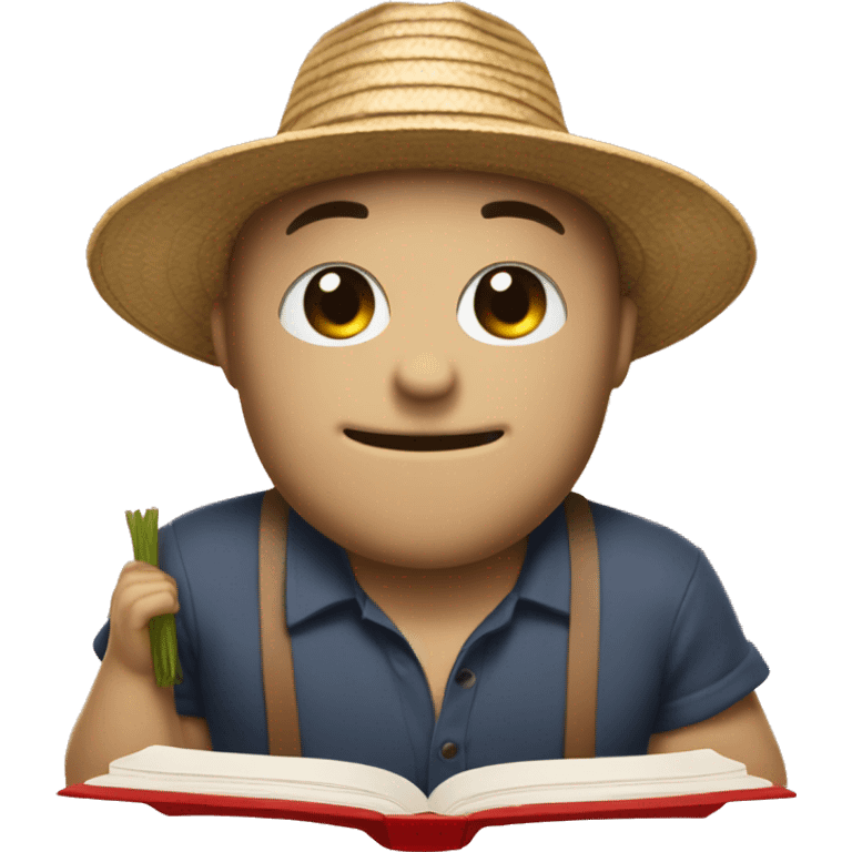 read book adn wearing a straw Hat with a red list emoji