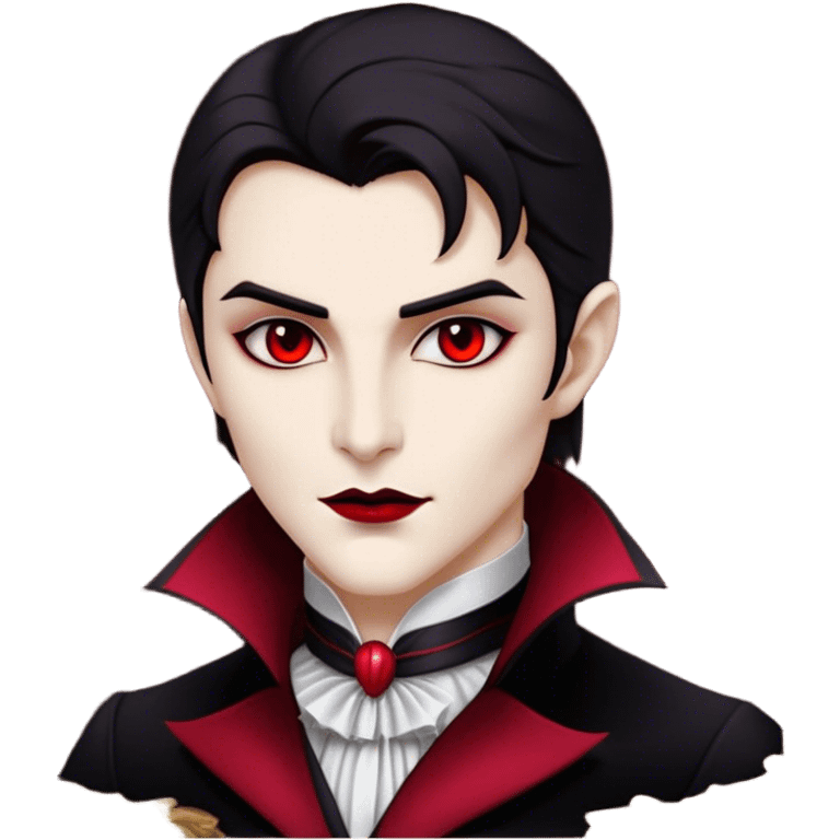 Cinematic Noble Vampire Portrait Emoji, Elegant and commanding, with a refined, pale visage framed by dark, velvet accents and a hint of crimson, exuding timeless seduction and dangerous allure, simplified yet exquisitely detailed, glowing with a soft nocturnal radiance and a subtle, mysterious outline that captures the regal spirit of an immortal lord of the night! emoji