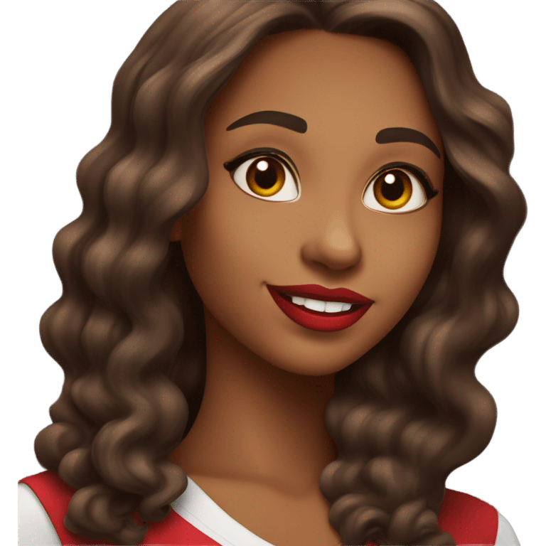 brown lady smiling, medium brown long wavy hair, bright red lips, eyelashes, wearing red “happy Valentine’s Day” t shirt emoji