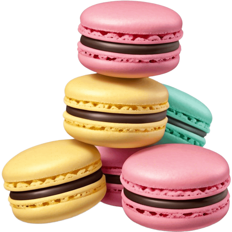 Cinematic Realistic Macaroon Dessert Emoji, showcasing colorful, delicate meringue-based cookies with a crisp exterior rendered with vibrant textures and playful, soft lighting. emoji