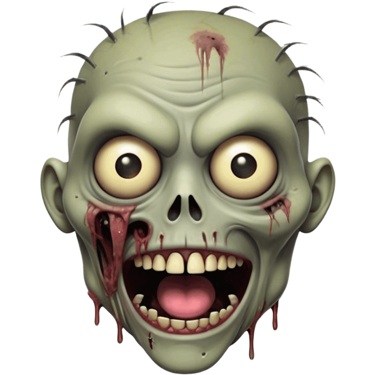 Cinematic Comical Zombie Portrait Emoji, with a grotesquely exaggerated yet playful decaying face in muted ashen tones, head cocked in a dramatically shocked expression with wildly comical, googly eyes and a gaping, silly grin revealing quirky stitches, simplified yet hilariously expressive, highly detailed with a soft eerie glowing outline capturing the absurd humor of a zombie in comic disbelief! emoji