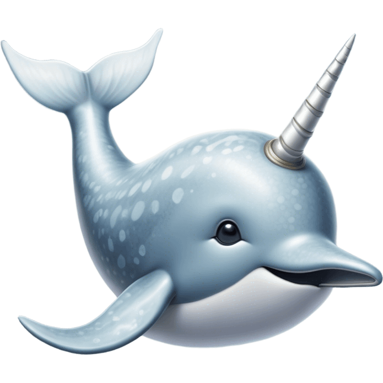 Cinematic Noble Narwhal Portrait Emoji, Poised and majestic, with a robust, streamlined body draped in mottled, silvery-gray skin, featuring a long, spiraled, ivory tusk and deep, thoughtful eyes that exude ancient oceanic wisdom, Simplified yet sharp and sophisticated features, highly detailed, glowing with a soft, ethereal arctic glow, high shine, intelligent and enigmatic, stylized with an air of mythical marine grandeur, focused and graceful, soft glowing outline, capturing the essence of a watchful and confident sea unicorn that appears ready to glide out of the screen with timeless authority! emoji