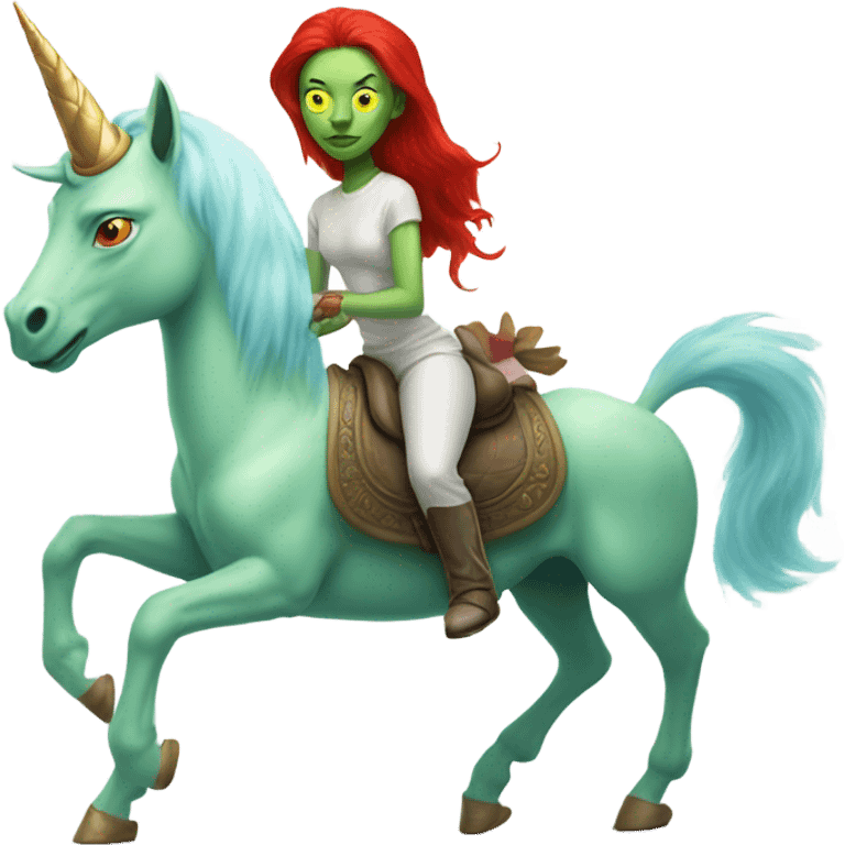 [politically incorrect
	{ woman: alien, color: light green, hair:red, eyes:cat} ]
	on a 
	[{ unicorn: white, legged:four, mane: light blue }] emoji