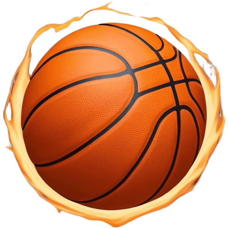 Cinematic Realistic image of a basketball captured in dynamic motion, with detailed surface textures and a slight motion blur, set against a vibrant urban backdrop with energetic lighting emoji