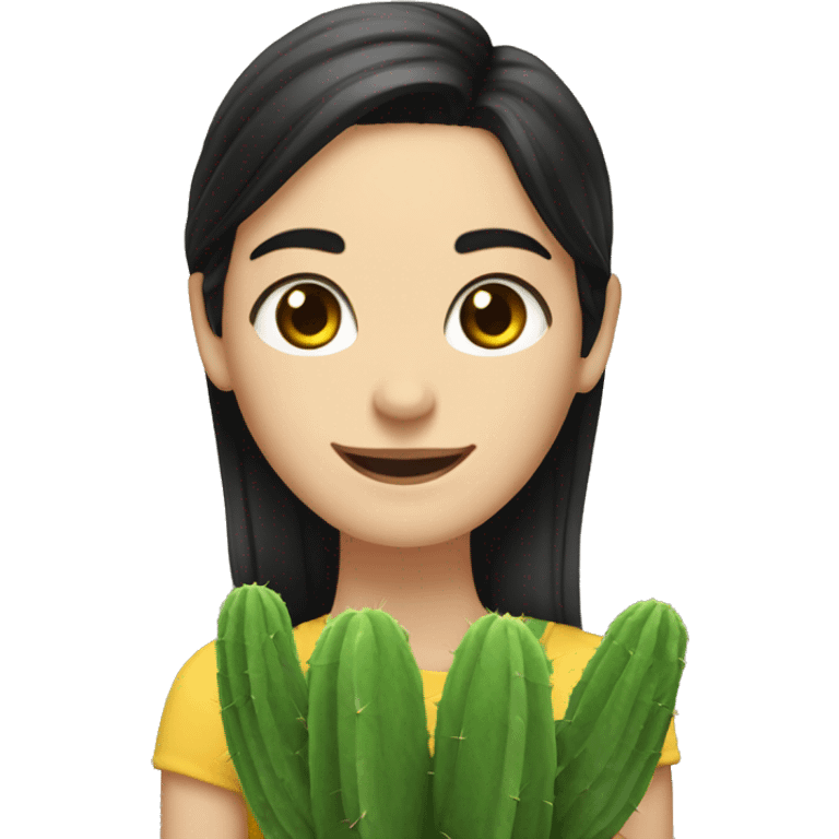 thin tall white woman medium black hair slanted eyes smiling with a cactus and a sunflower on her side emoji