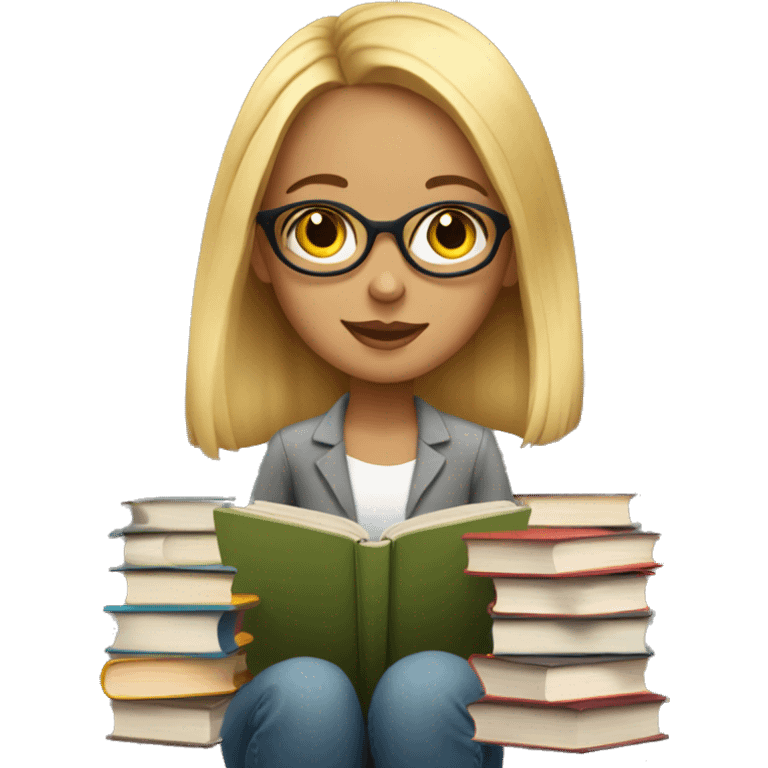 Blonde girl wearing glasses sitting surrounded by books  emoji