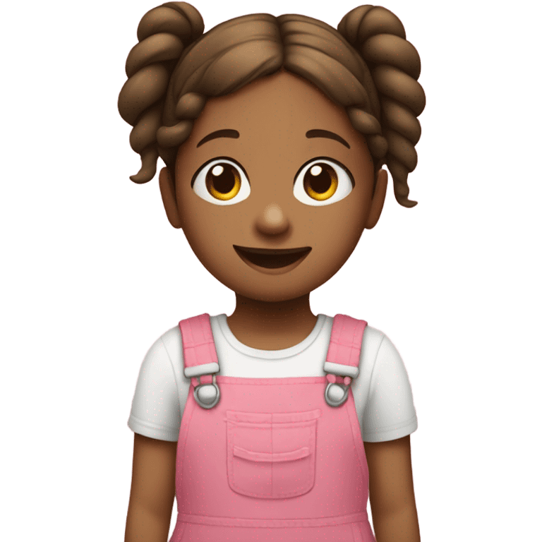 A little girl with brown 2 pigtails with a pink overalls dress smiling emoji