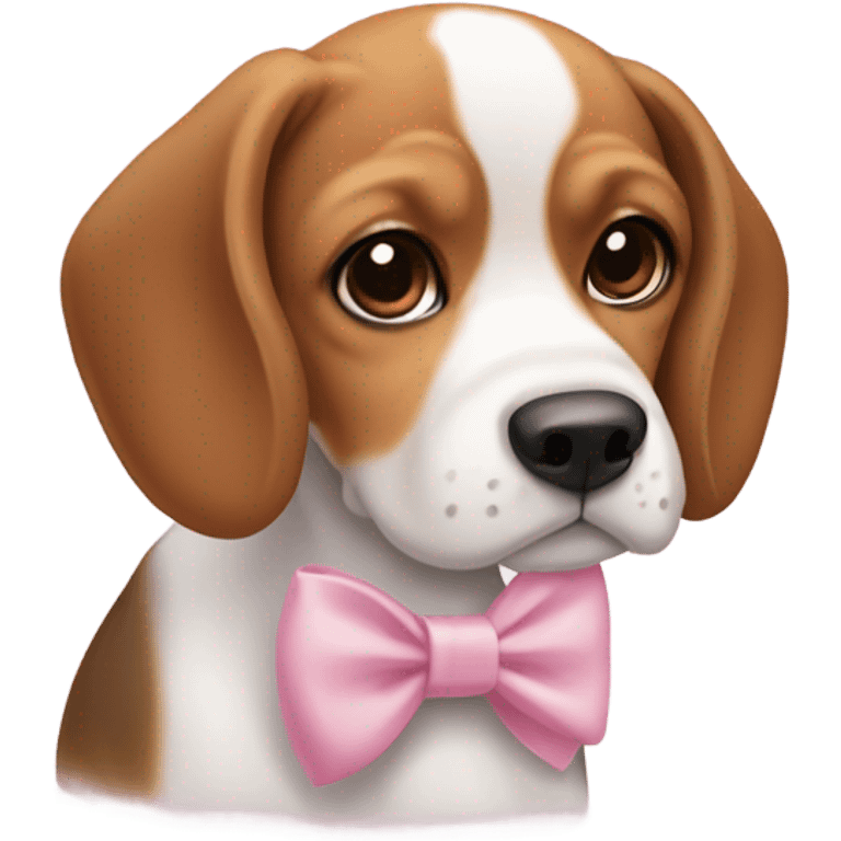 Cute beagle dog with short ears and is medium brown and white that's cute and a little chubby that is really cute that has a cute little baby pink bow on  emoji