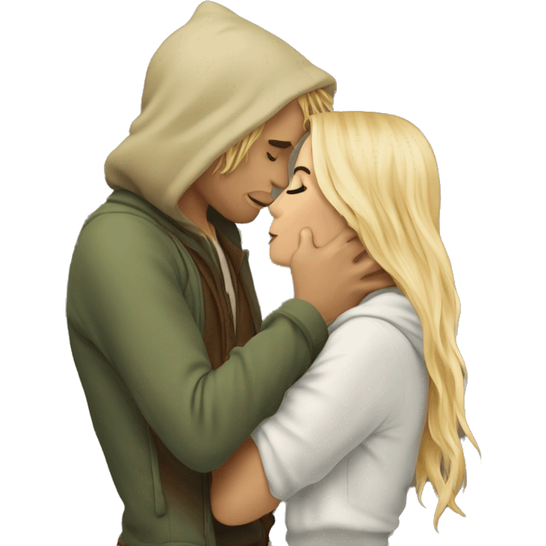 Pippin-hobbit wearing hoodie passionately kissing pretty blonde woman with straight hair emoji