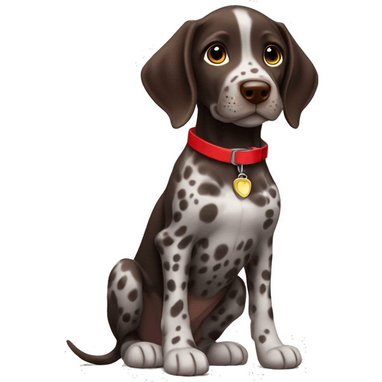 Dark Brown spotted German short haired pointer puppy with ticking with red collar  emoji