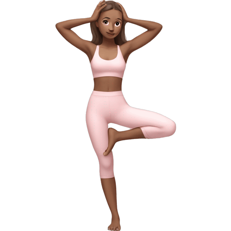 Aesthetic Ukrainian yoga girl with brown hair in light pink yoga outfit. Full body  emoji