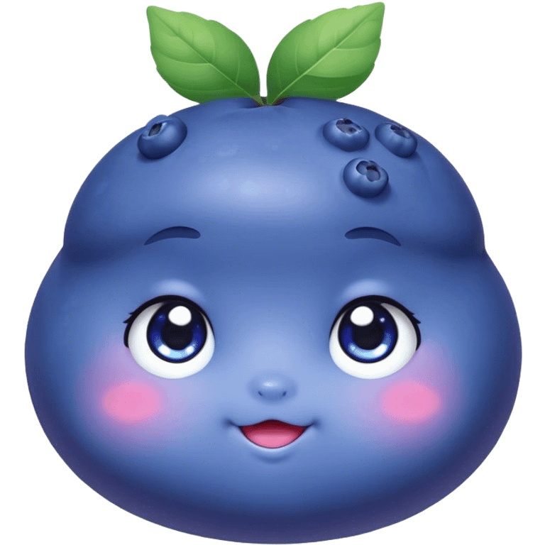 Cute Kawaii Blueberry, small and chubby, deep blue-purple with a tiny leafy crown, bright sparkling eyes, a soft round body, cute blushing cheeks, full of berry sweetness! emoji