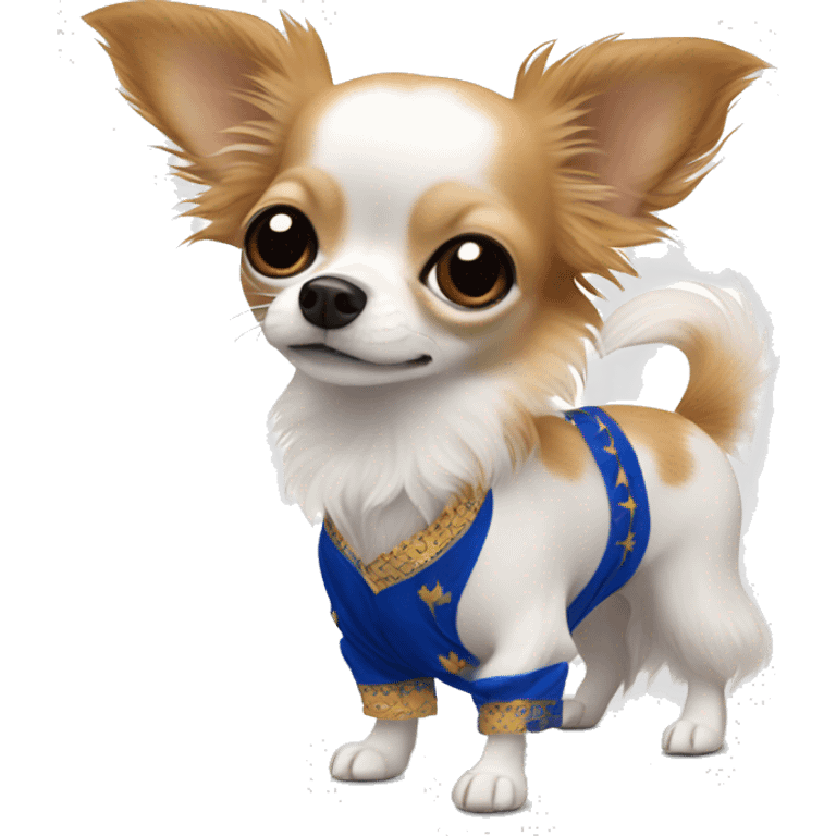 Long-haired white Chihuahua with reddish brown markings wearing royal blue pajamas emoji