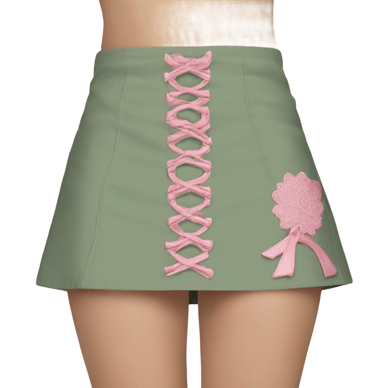 Sage green a-line mini skirt with pink lace up on the sides and bows and embroidery, isolated emoji