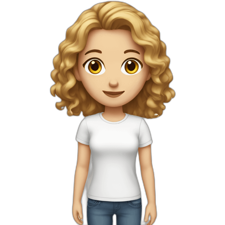 white girl with wavy hair and brown eyes and wears white tshirt emoji