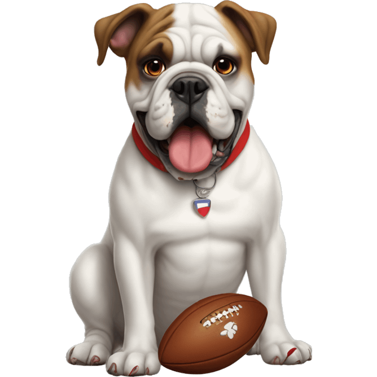 white Georgia bulldog with a football and a red collar  emoji