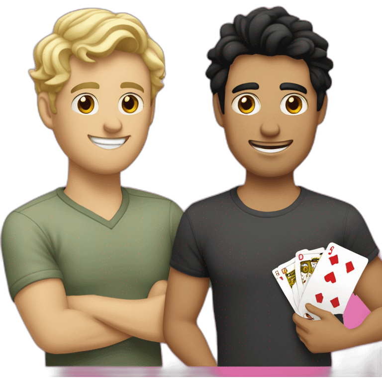 Gay couple, 1 guy Latino black straight black hair and 1 Australian white guy with blonde slightly curly hair playing cards emoji