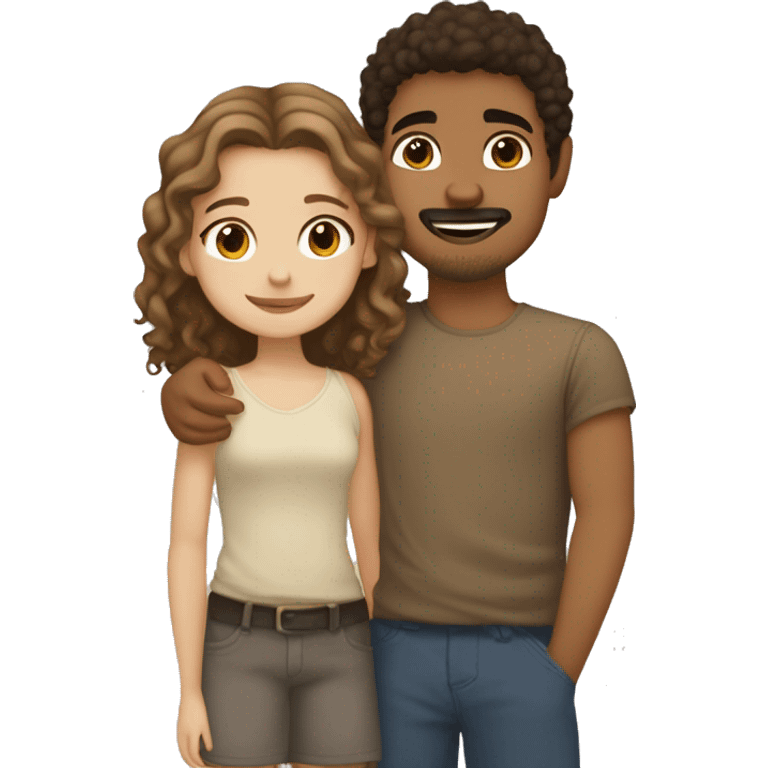 girl with fair skin, hazel eyes and straight hair hugging a boy with tan skin, medium curly hair that is light brown and a tiny mustache and goatee and dark brown eyes emoji