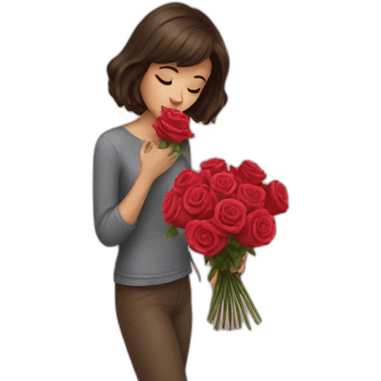 brunette girl smells  bouquet of roses emoji