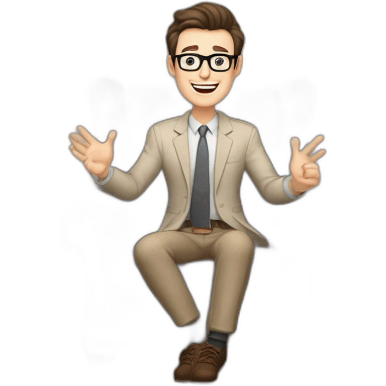 Joyful Celebrating victory Hands up Pale skinned Fit Man With dark brown hair in gray jacket, beige office shirt, Brown pants and vintage glasses sitting In a soft chair emoji