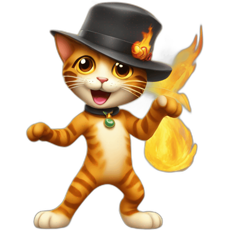 cat wearning a hat dancing with fire in background emoji