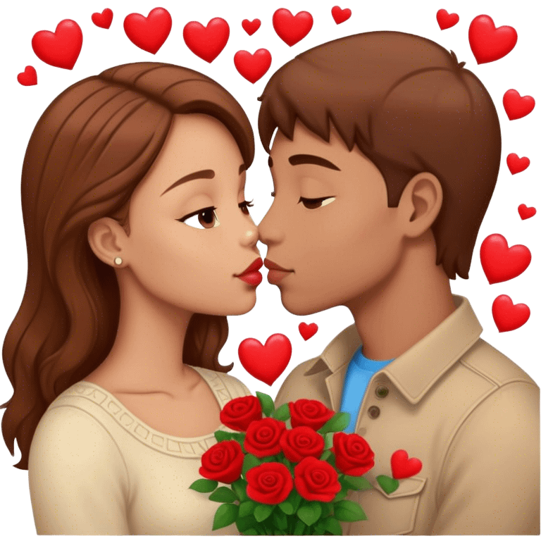 Hyper Realistic brown hair Couple kissing surrounded by red hearts and flowers  emoji