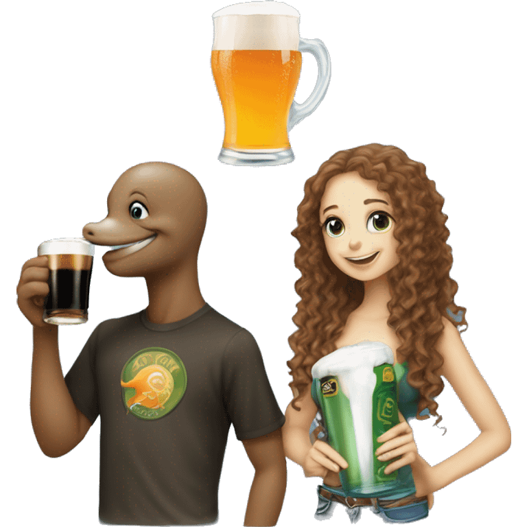 Male dolphin drinking a pint of guiness sat next to a girl dolphin with long curly hair drinking a j2o both surrounded by lots of the word “or” emoji