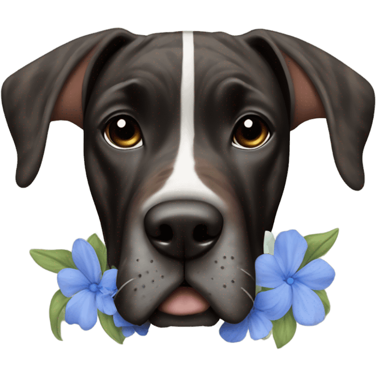 Brindle black and brown striped Great Dane with blue blossoms emoji