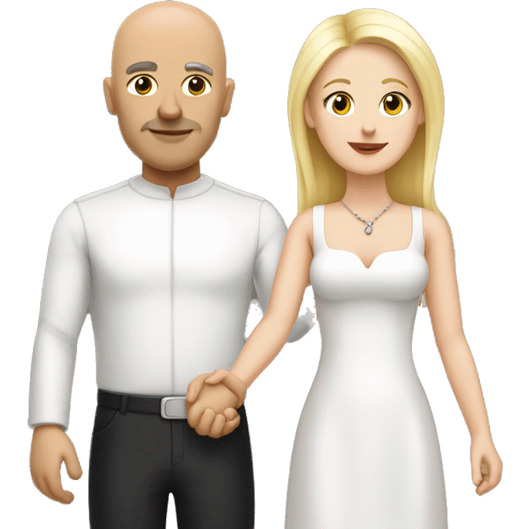 White bald man with black eyebrows holding hands with long blond woman emoji