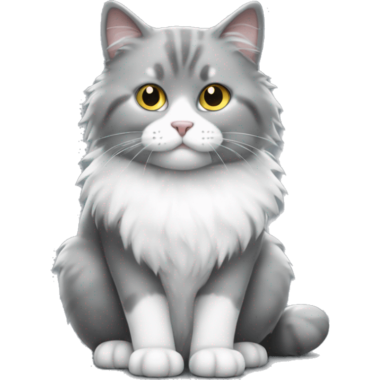 Grey and white fluffy cat sitting full body emoji