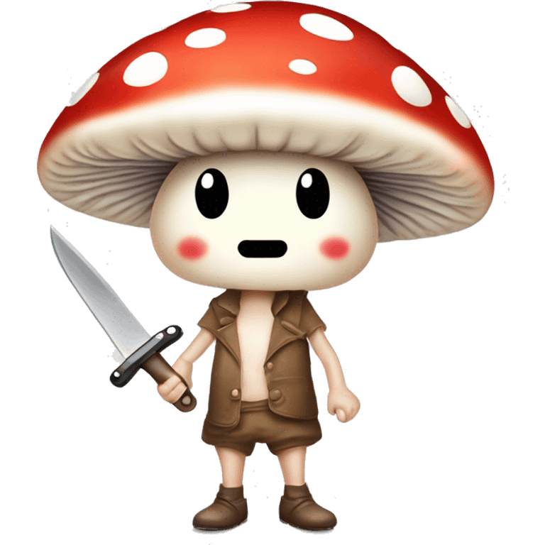 cute mushroom person holding knife and he’s really small and red and white spots with a cute smiley face  emoji