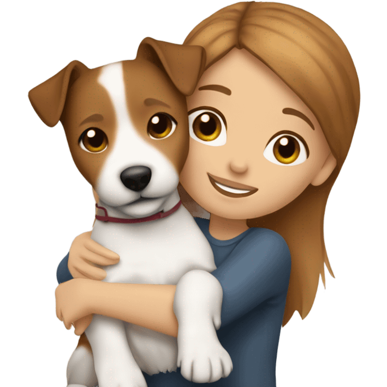 whit brown haired girl hugging jack russell terrier emoji