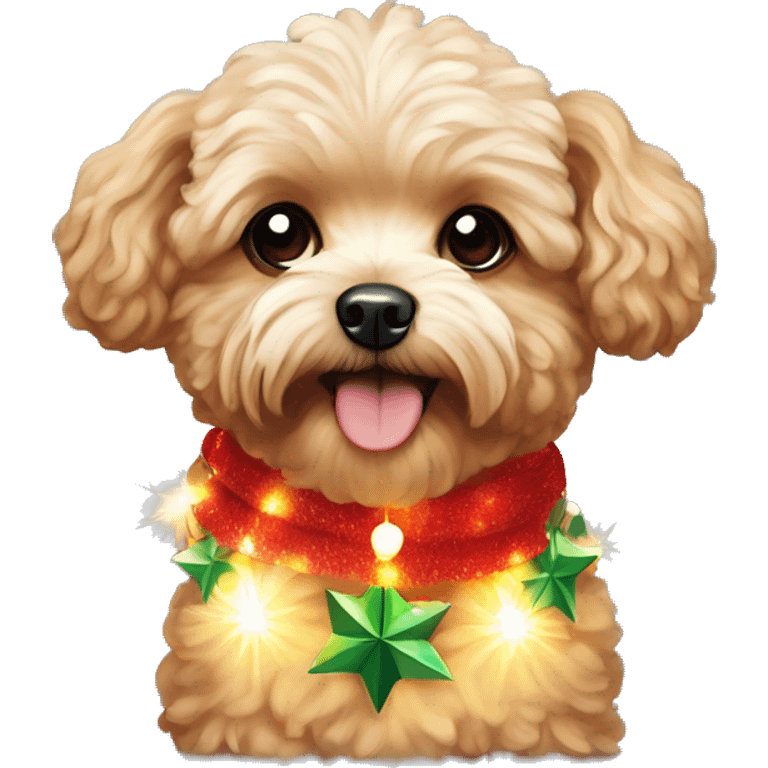 Red maltipoo with Christmas lights decorated around its neck emoji