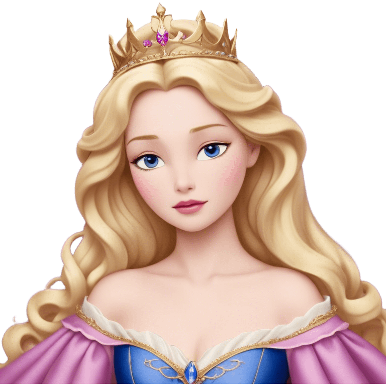 Cinematic Realistic Sleeping Beauty (Aurora) Portrait, with porcelain-like skin featuring a natural rosy flush, illuminated by soft lighting that highlights the gentle contours of her face. Her golden blonde hair flows in soft, detailed waves with subtle highlights that shimmer in the light. Her deep violet-blue eyes radiate warmth and innocence, framed by arched brows and long lashes. Her serene expression exudes quiet elegance. She is dressed in her classic pink gown, the fabric rich in texture with delicate folds that catch the light. A golden crown rests atop her head, gleaming with royal refinement. The portrait captures a soft, glowing aura, blending realism with an ethereal sense of beauty and timeless enchantment. emoji