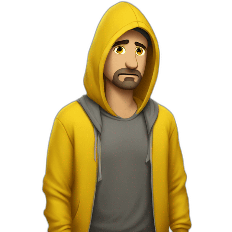 Armenian men with yellow hoodie with unhappy face expressinon and broken heart emoji