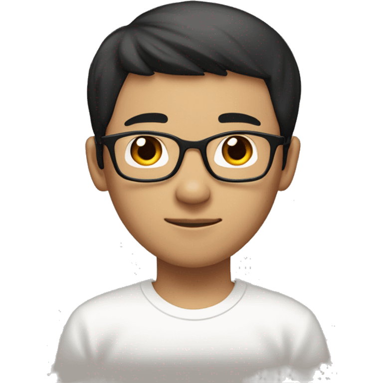 A young Chinese man, short black
Hair, eyebrow-rimmed glasses, skin is acquired
Tan, wear a white T-shirt, and have a natural expression. emoji