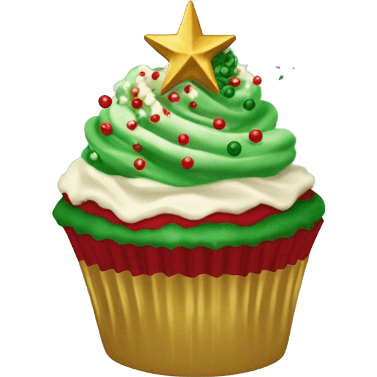 Christmas cupcake with a swirl of red and green frosting, snowflake sprinkles, and a gold star on top emoji