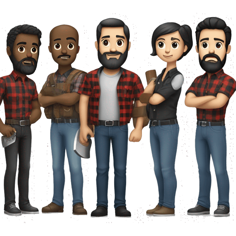 A man wearing a black and red plaid dress shirt with black hair and a black beard, The white guy has blue jeans with a axe in his hand emoji