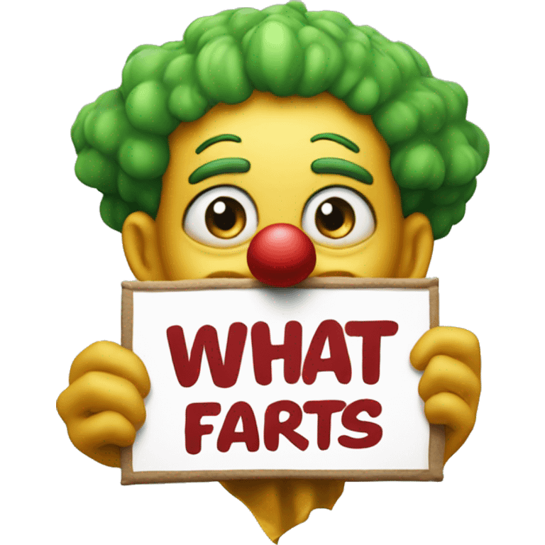 Clown holding a sign stating, "what the farts" emoji