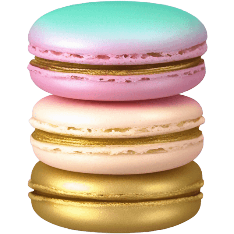 Realistic pastel ombre macaron with shiny metallic gold filling in the center. emoji