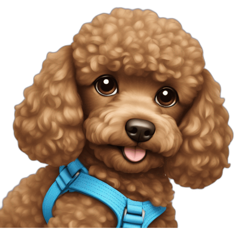 Brown-toy-poodle-with-teddy-bear-haircut-with-blue-harness emoji