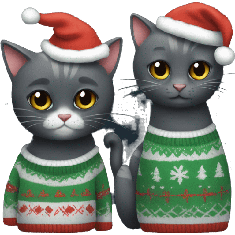 Tiny Black cat and old grey cat in Christmas sweaters emoji